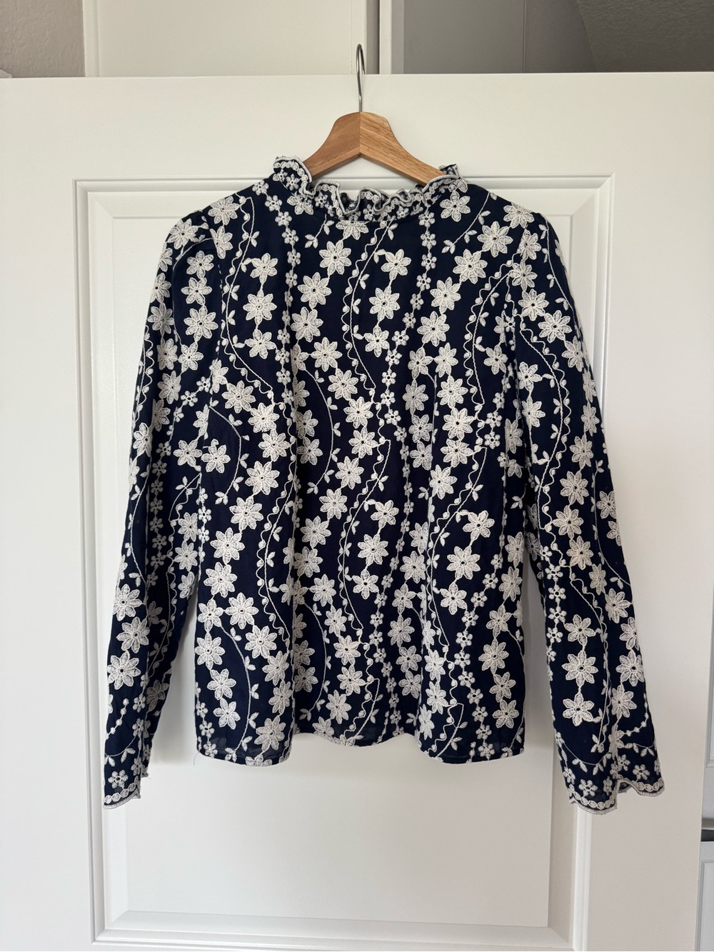 Sezane Navy and White Floral Lace Long-Sleeve Top